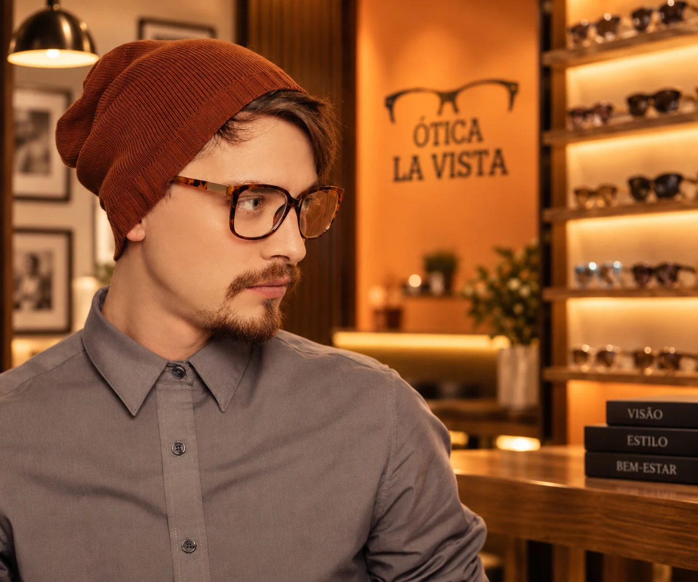 Homem com óculos de armação tartaruga e gorro marrom em ambientação da La Vista