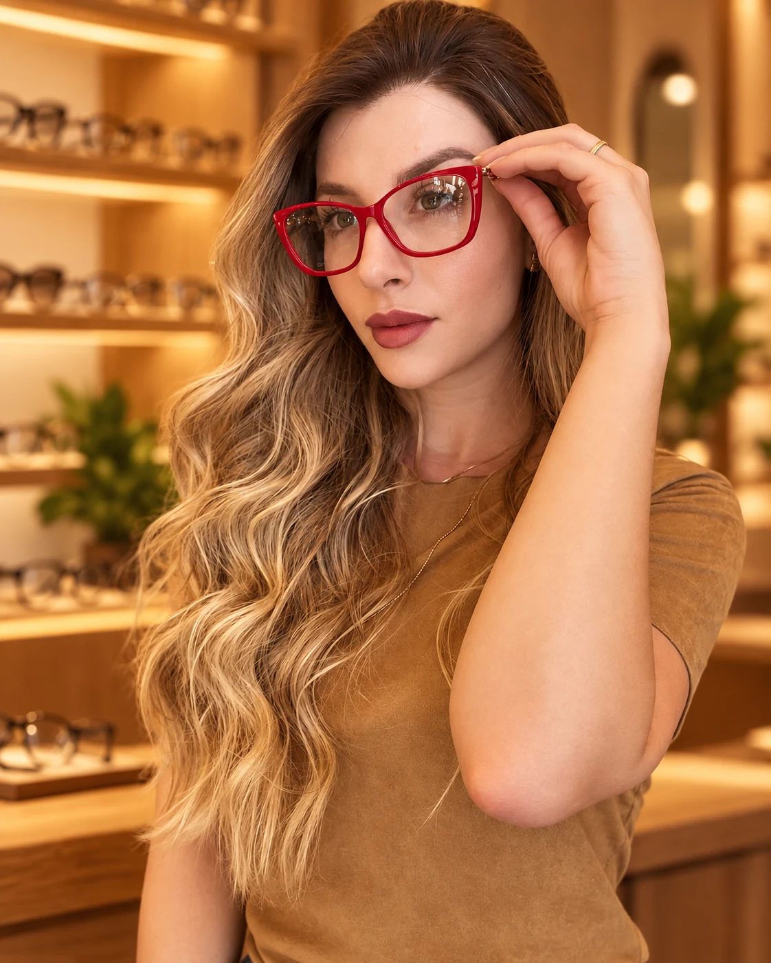 Mulher usando óculos de armação vermelha em ambiente de ótica