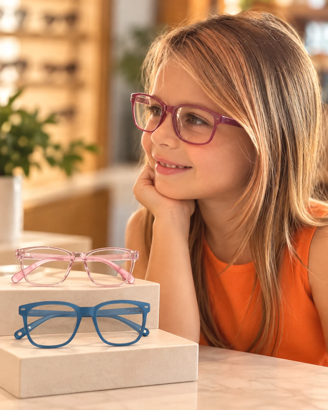 Menina com óculos rosa e blusa laranja, ao lado de armações infantis coloridas